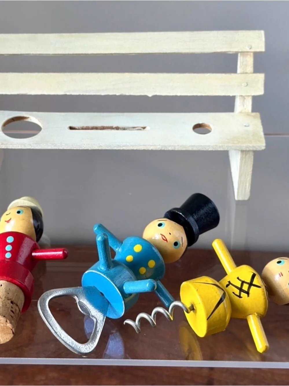 Vintage Wooden Bar Set, Cork, Cork Screw, Bottle Opener, Hand Painted, 1950’s